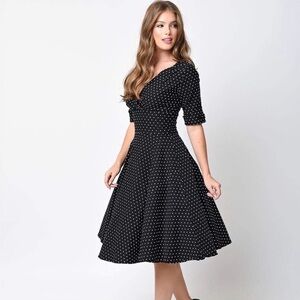Unique Vintage Black and White Polka Dot Midi Dress